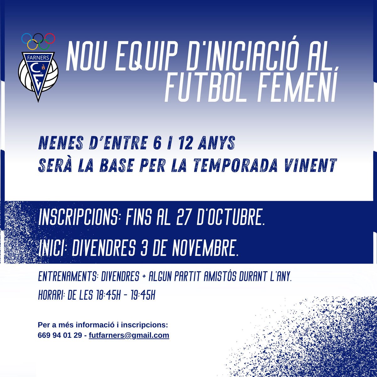 Et busquem a tu per formar la base!🫵🏼

Vine a fer esport amb nosaltres, t'ho passaràs pipa! 🔵⚪️

Comptem amb entrenadors titulats i amb una coordinadora amb experiència. Posarem tots els nostres esforços perquè estiguis a gust!💪🏻

#FarnersSempreEndavant