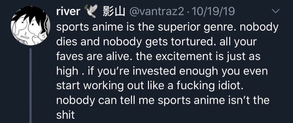 this is everyone’s sign to watch sports anime where the worst thing that will happen is the 3rd years graduating!