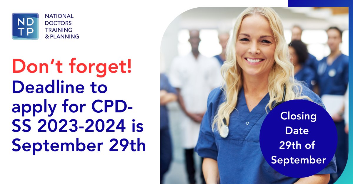 Don’t forget to apply for the Continuous Professional Development Support Scheme (CPD-SS) 2023-2024. The deadline is Friday the 29th of September. Apply now via your training body. Learn more: hse.ie/eng/staff/lead… @NLNCHD #NCHDIreland