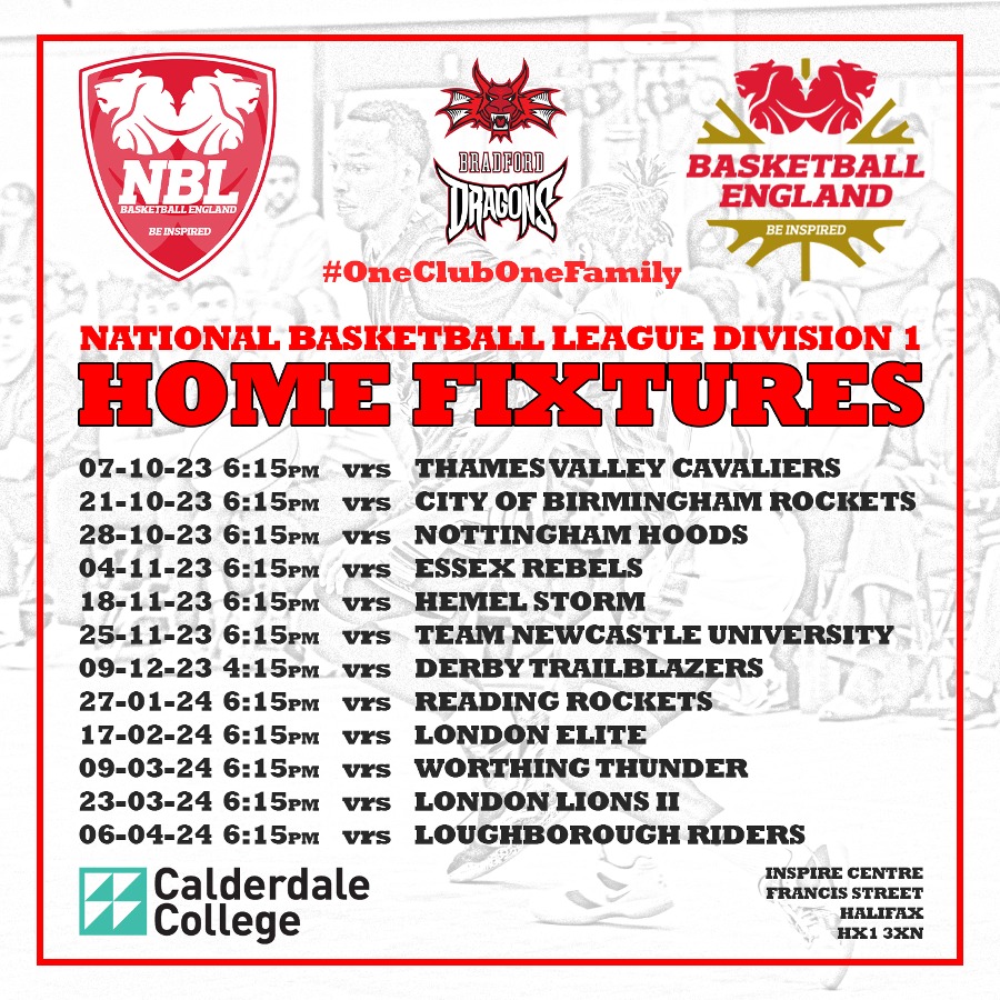 We have plenty of basketball to enjoy in the Dragons Den this season, in what looks as though it could be one of the most competitive seasons yet. Take a look at some of the fixtures* that are coming up at the Inspire Centre. #BradfordDragons #Basketball #OneClubOneFamily