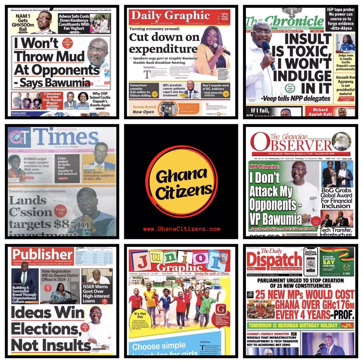 AccraEvents's tweet photo. 🌞📰 Good Morning all @accracitizens ! 🕺🏾💃 Stay informed about the latest news in our Dear Country 🇬🇭 Here are some Newspaper Headlines for today (Wednesday, 20th September, 2023). 🗞 Read on to know what's happening in the city and around the country. @AccraEvents @AccraCitizen https://t.co/xPd7TSpBEt
