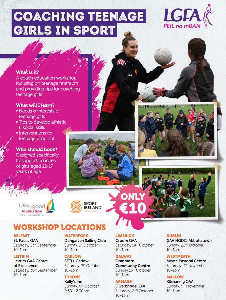 Sign up now for our Coaching Teenage girls in sport workshops! We have a number of workshops across the country coming up in September, October and November and places are filling up fast! Full details ➡️ bit.ly/3Pdl4BJ @sportireland #LGFA