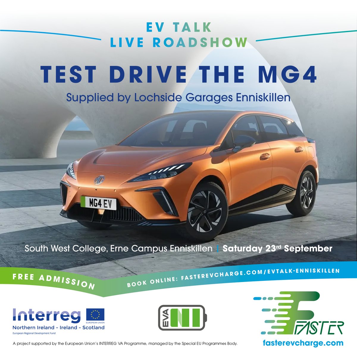 We have an exciting range of vehicles lined up for test drives &amp; display purposes at our free EV Talk Live Roadshow in Enniskillen this Saturday. Further vehicles to be confirmed. Book your tickets &amp; check out the programme now at fasterevcharge.com/evtalk-enniski…