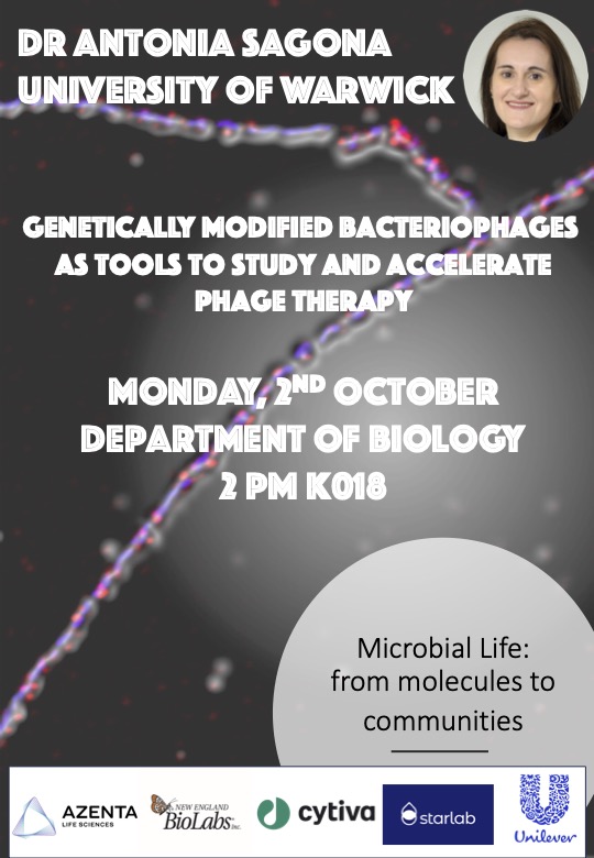 We are looking forward to hosting Dr <a href="/antonia_sagona/">Antonia Sagona</a> for the inaugural seminar of our new seminar series #MicrobialLife: from molecules to communities <a href="/BiologyatYork/">Biology at York</a> <a href="/YBRI_UoY/">York Biomedical Research Institute</a> <a href="/UniOfYork/">University of York</a> 
Supported by <a href="/genewizeu/">GENEWIZ Europe, By Azenta Life Sciences</a> <a href="/StarlabUKLtd/">Starlab</a> <a href="/Cytiva/">Cytiva</a> <a href="/DrMarkFrost/">Mark Frost</a> <a href="/NEBiolabs/">New England Biolabs</a> <a href="/UnileverUKI/">Unilever UK & IRE</a>