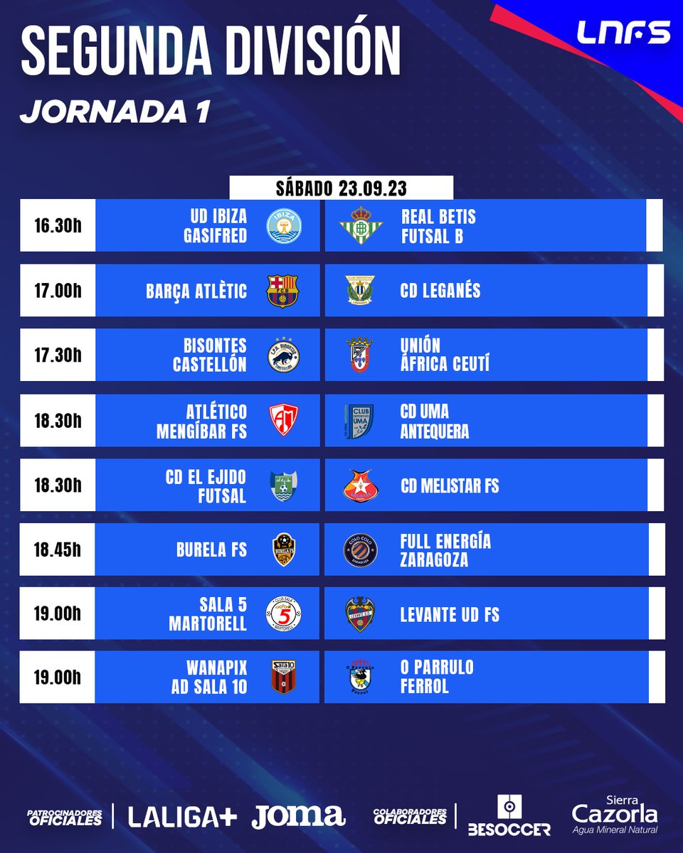 ligaprimefutsal's tweet photo. 🔛⚽️ ¡𝐋𝐢𝐬𝐭𝐨 𝐩𝐚𝐫𝐚 𝐞𝐦𝐩𝐞𝐳𝐚𝐫! 

📅🆕 La Segunda División arranca en un súper sábado con los ochos partidos

#LNFS #LigaFutsalProfesional https://t.co/DKqJbDs1tK