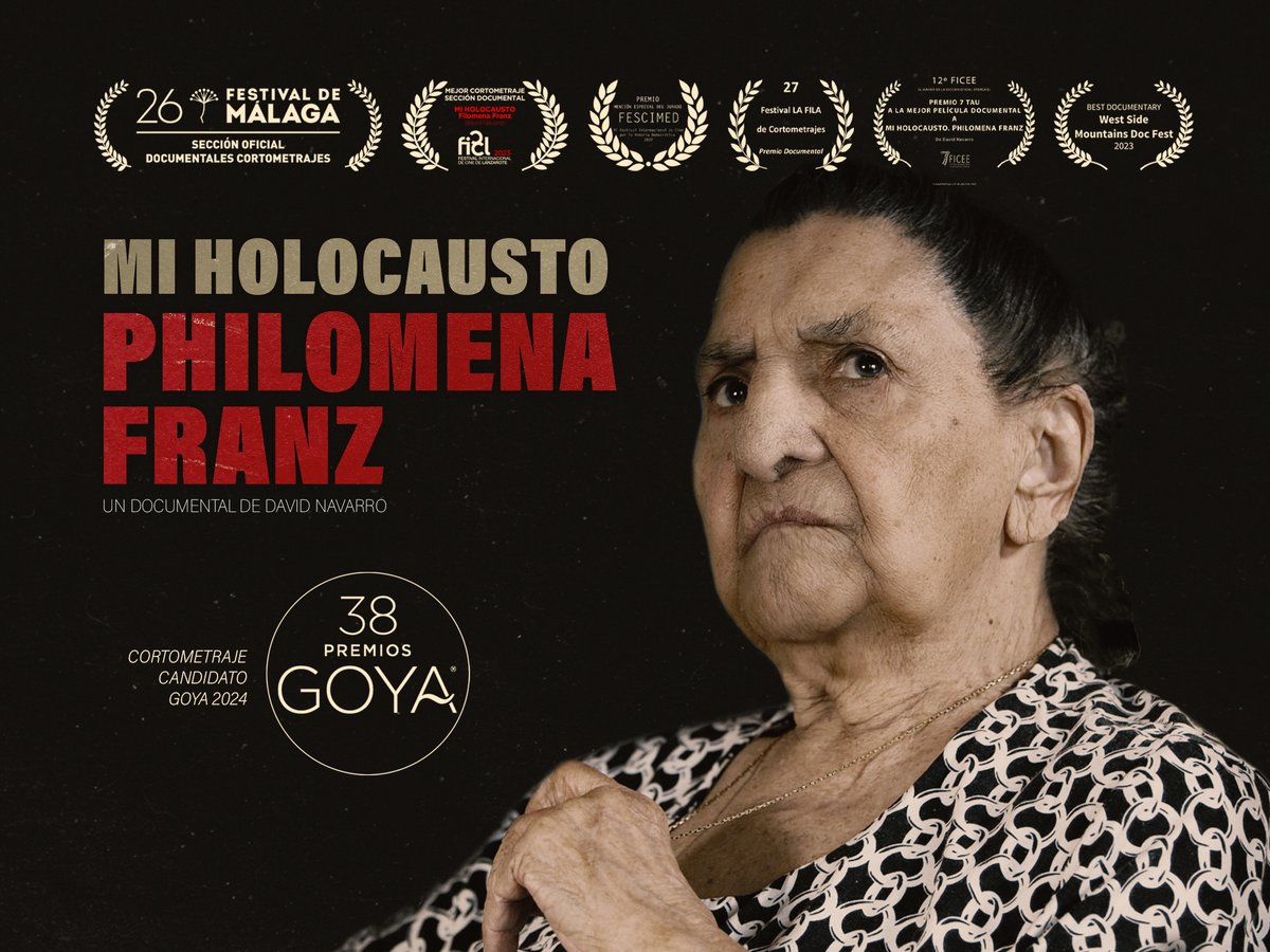 🏆🎬 "Mi Holocausto, Philomena Franz" es candidato a los Premios Goya 2024. 
El cortometraje recoge el relato vital de Philomena Franz, una gitana superviviente de Auschwitz y de otros campos de concentración con el objetivo de reivindicar el reconocimiento del holocausto gitano.
