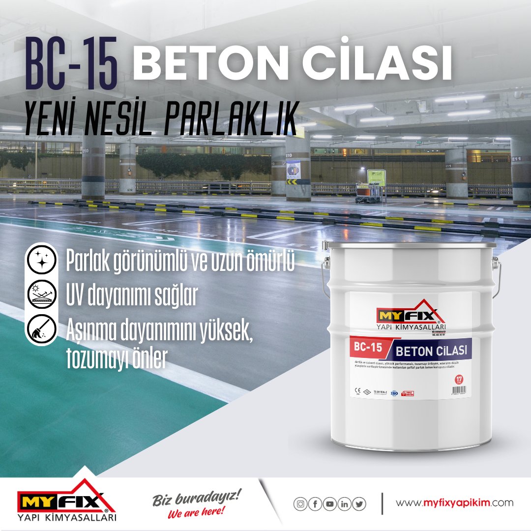 BC-15 BETON CİLASI Akrilik esaslı, solvent esaslı, UV dayanımlı, yüksek performanslı, tozumayı önleyen, aderansı düşük yüzeylerin sertleştirilmesinde kullanılan şeffaf parlak beton koruyucu ciladır. #yapıkimyasalları #zemin #zeminkoruma #betoncilası #parlakbeton #otoparkcilası