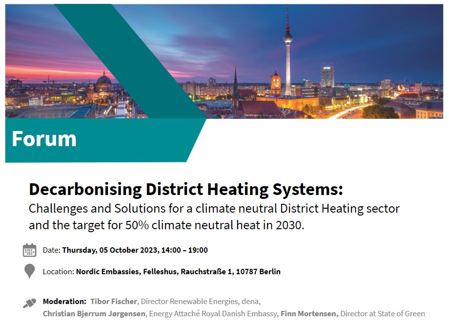 Dekarbonisierung &amp; ein klimaneutraler Fernwärmesektor für die Energie- &amp; Klimaziele: Jetzt anmelden zum 🇩🇪🇩🇰 Forum ➡️ dena.my-ticketing.com/register/10061… &amp; am 5.10. mit <a href="/dena_news/">dena</a>, <a href="/stateofgreendk/">State of Green</a> &amp; uns die Strategien zur Dekarbonisierung im 🇩🇪 Wärmesektor diskutieren.