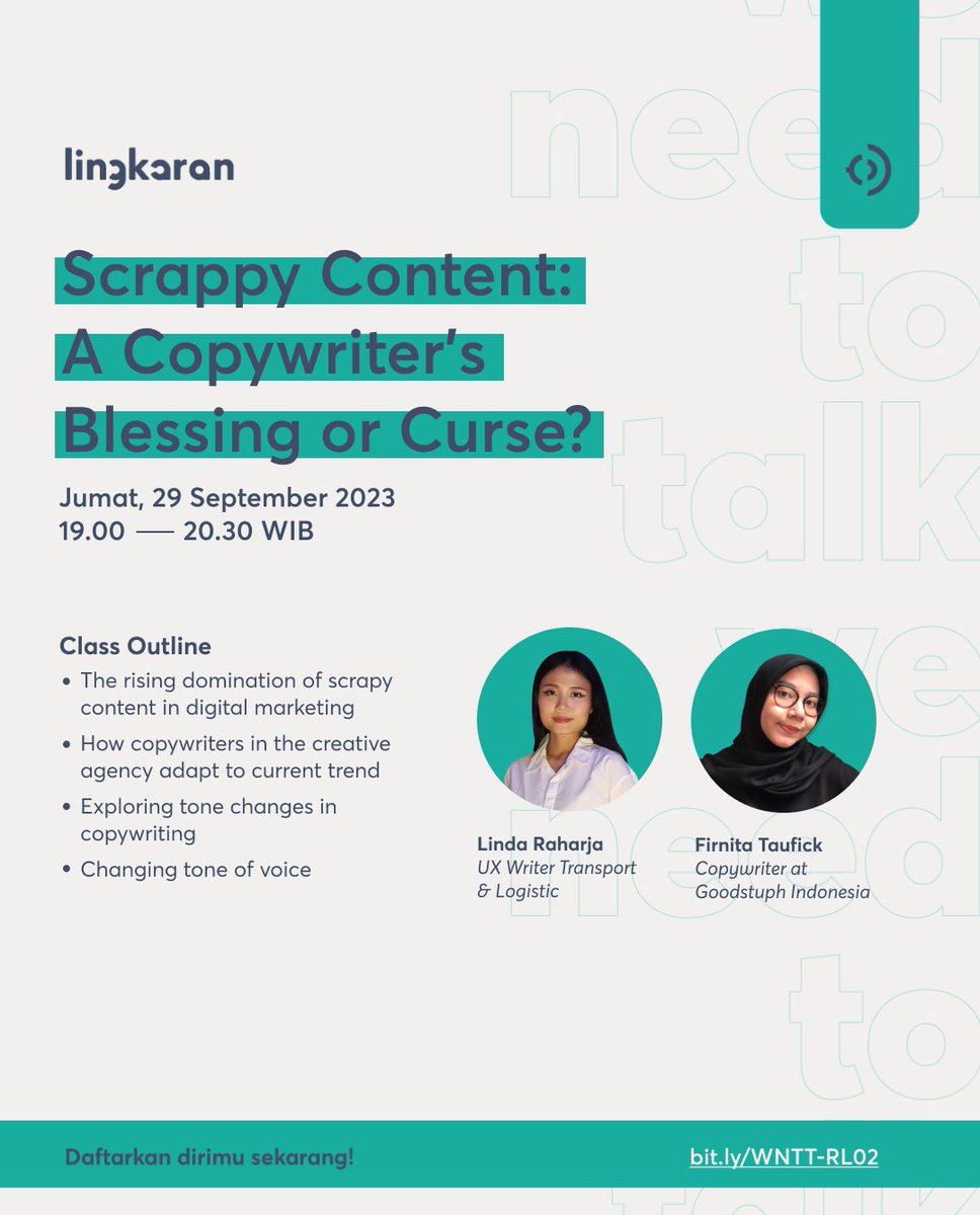 Apa benar scrappy content bikin copywriter sebel? Atau justru bikin copywriter happy karena bisa eksplor tone of voice dan bentuk konten lain? 🤔

Obrolin bareng <a href="/lindaraharja/">synaptic stimuli</a> &amp; <a href="/firnnita/">firnita</a>, yuk!

📆 Jumat, 29 September 2023
🕐 19.00–20.30 WIB
🔗 bit.ly/WNTT-RL02

See you!