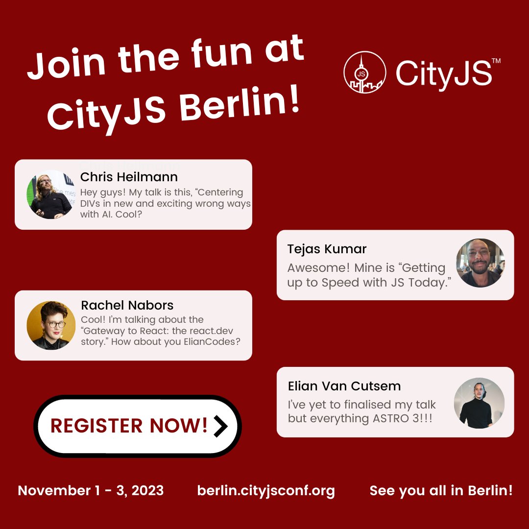 cityjsconf's tweet image. Our speakers are turning up the volume of excitement as they share their talks! 

Join the fun, learn, and network at CityJS Berlin from November 1-3. 

Lineup, talks, schedule, and TICKETS here: berlin.cityjsconf.org

#CityJSBerlin #TechTalks #LearningAndFun