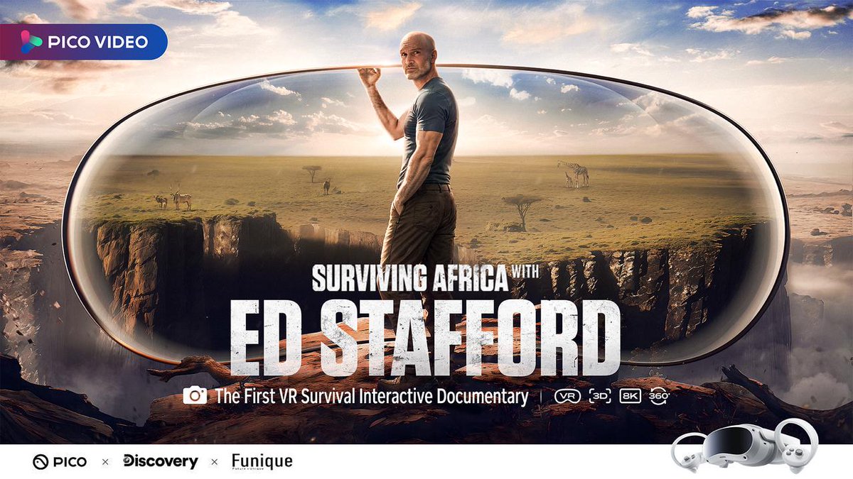 PICOXR's tweet photo. Do you have what it takes to survive in the wild? 👀 Come and join us on Sept. 23rd. This is more than just another survival documentary. Teleport yourself to a new reality in Surviving Africa with @Ed_Stafford Exclusively on #picoxr. #picoexplorer 🦒#picovideo https://t.co/zT6ShyIYr1