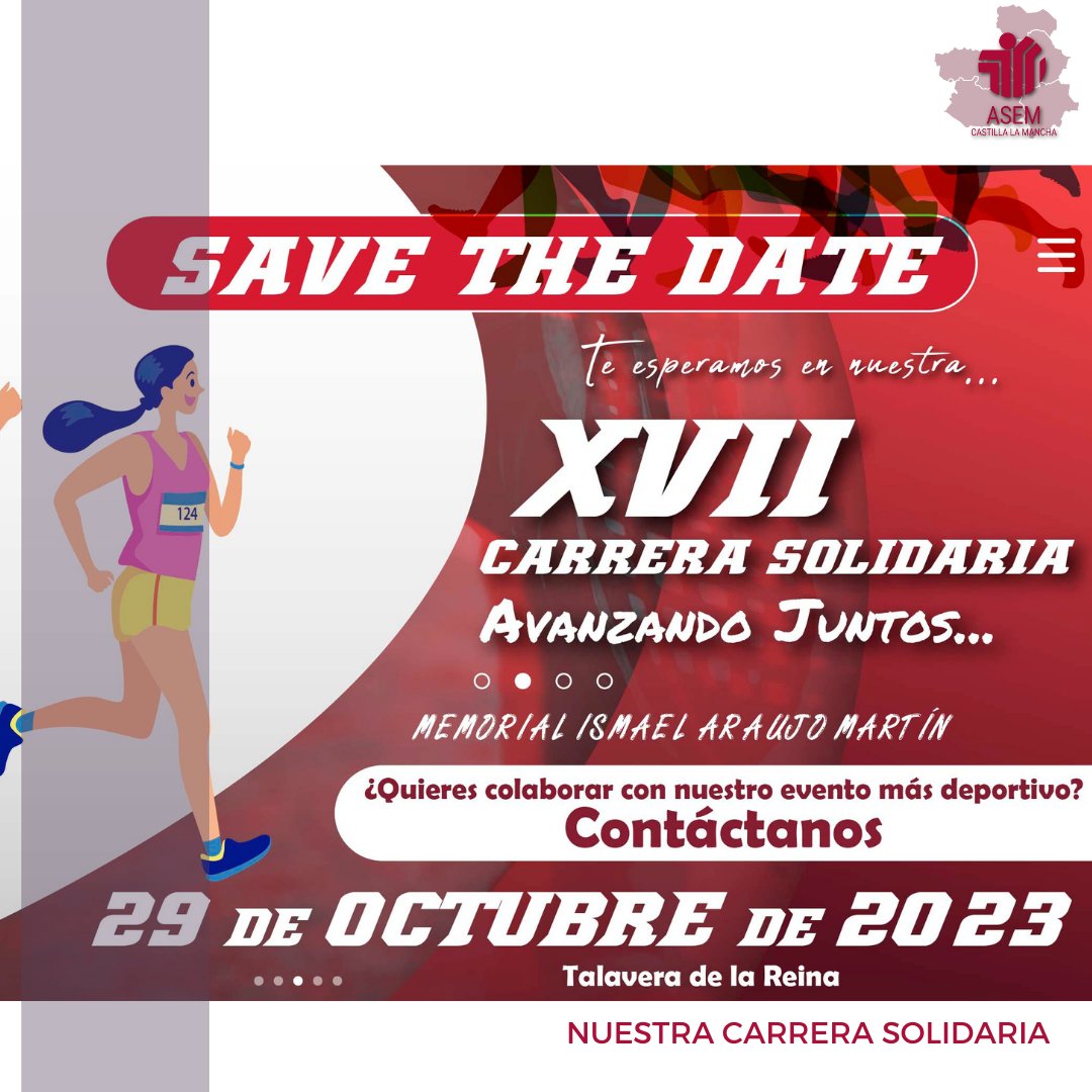AsemClm's tweet photo. 🔴Save the date🔴
📅29 de octubre de 2023
¡¡Que no se te olvide!!
Y apúntate la fecha de nuestra XVII Carrera Solidaria 'Avanzando Juntos'
Un año más... ¡¡te esperamos!!
*
#asemclm #enfermedadesraras #enfermedadesneuromusculares #asociación #carrerasolidaria #carrerasolidariaASEM https://t.co/KIArctHsQc