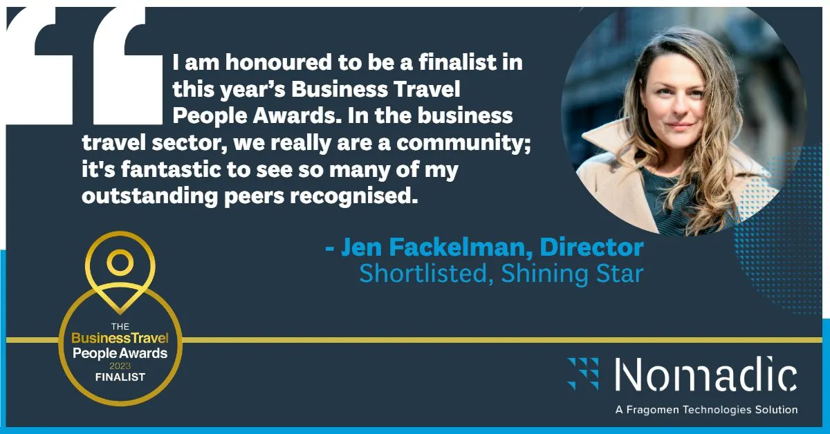 We're thrilled that Nomadic Director Jen Fackelman is shortlisted in The Business Travel People Awards 2023 @ThePeopleAwards! Looking forward to celebrating our wonderful #businesstravel industry at the ceremony in London. Good luck to all the nominees!

#awardrecognition