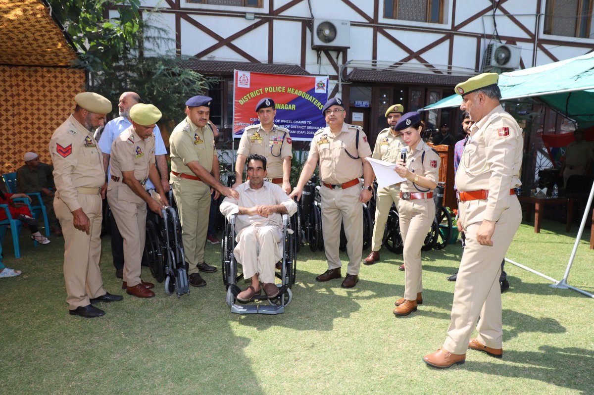 Srinagar Police under the aegis of Civic Action Programme (CAP) distributed 29 specially designed wheelchairs among specially-abled persons at DPL Srinagar today. SSP Srinagar &amp; other officers were present in the distribution function.