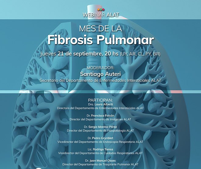 Jueves 21 de septiembre Webinar ALAT - Mes de la Fibrosis Pulmonar Todos invitados! Contaremos con la participación de cinco departamentos científicos de ALAT! @alatoraxorg 20 hs (UY, AR, CL, BR) - 19 hs (VE, BO, PE, PY)- 18 hs (EC, CO, PE, PA, DO) - 17 hs (MX, GT, CR, SV, HO)