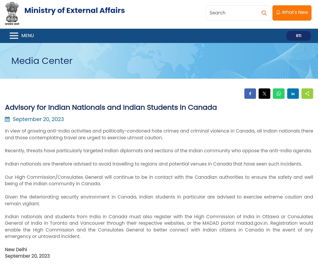 Big Breaking: India issues advisory for its nationals, students in Canada in wake of "growing anti-India activities and politically-condoned hate crimes and criminal violence in Canada". MEA announcement: