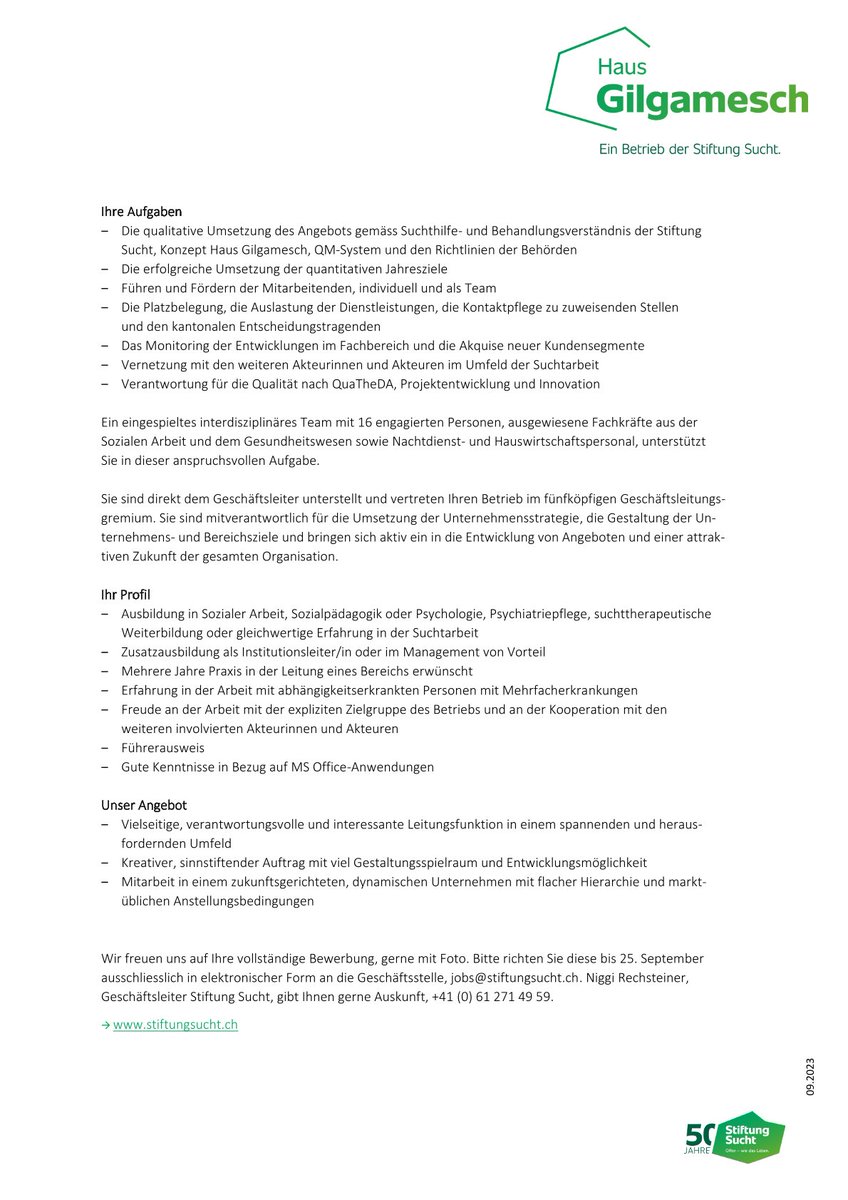 Eine interessante Stelle mit Entwicklungspotenzial!
stiftungsucht.ch/offene-stellen/