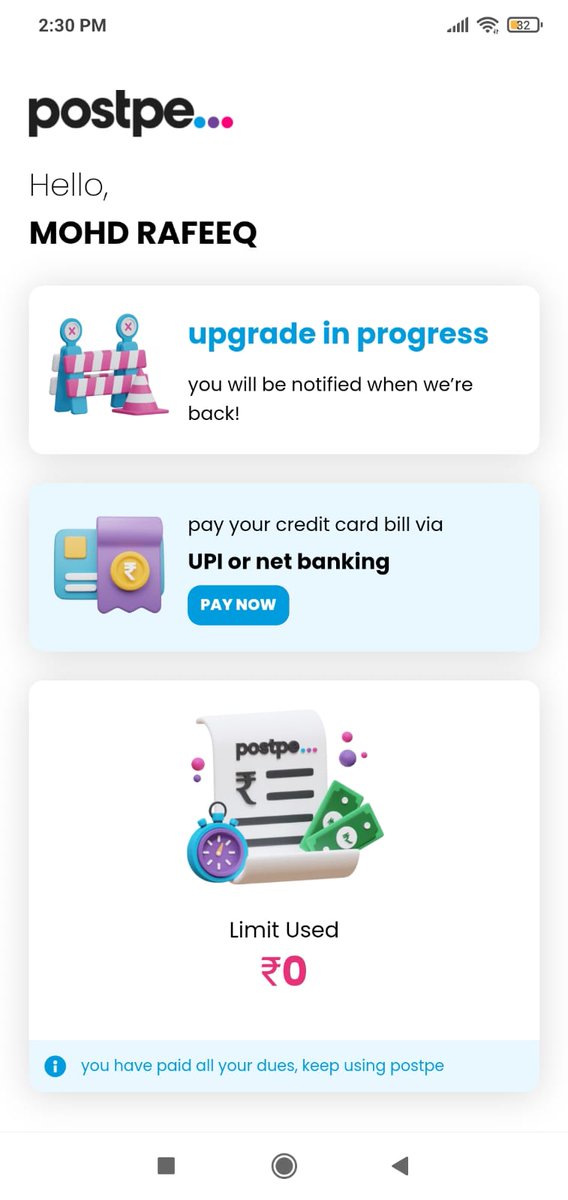 SayedRafeeq's tweet photo. Hello, Support Team

The Postpe app has not worked for the past 3-4 days, displaying the message "upgrade in progress." I cleared the cache, uninstalled, and reinstalled, but nothing worked. Is there a problem on your end? Please check and let me know. @postpeapp #Bugg https://t.co/yAQEEaJpww