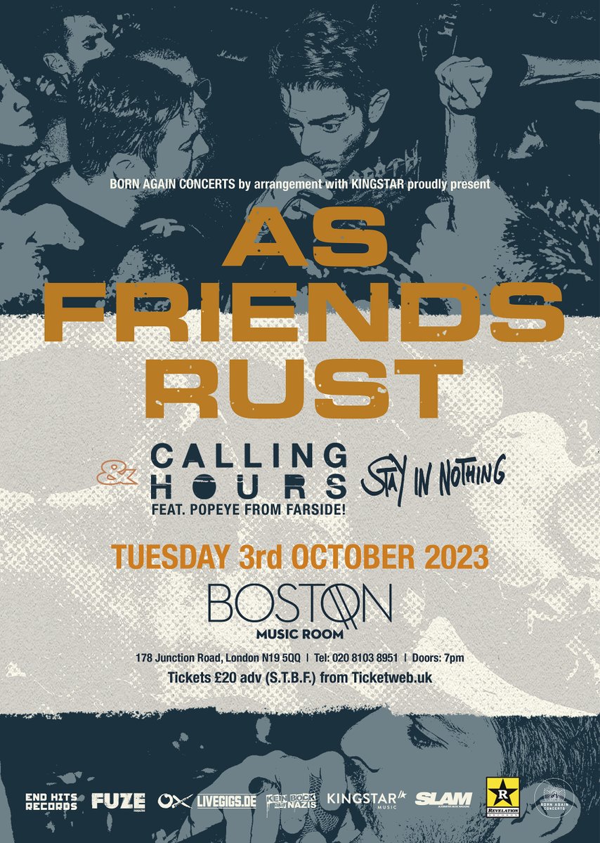 BAconcertsuk's tweet photo. Closing In! 🤘 American melodic hardcore @AsFriendsRust with their new album #AnyJoy plus #CallingHours and #StayInNothing, live at @BostonMusicRoom, Tuesday 3rd October
🎟️ https://t.co/xq9OzviJNE
🎥 https://t.co/26GQQiSF8F https://t.co/viuuHYY5dT