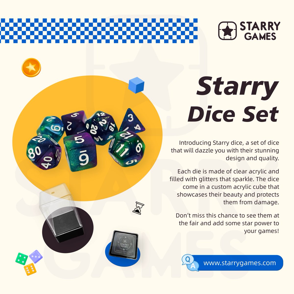 Do you love the night sky? Do you want to bring some of its magic to your #tabletopgames? Check out my Starry #Dice with custom acrylic cube, a unique and beautiful set of dice that will make your games more fun.
Find them at #SPIEL23 booth 3T102 and get ready to roll with stars!