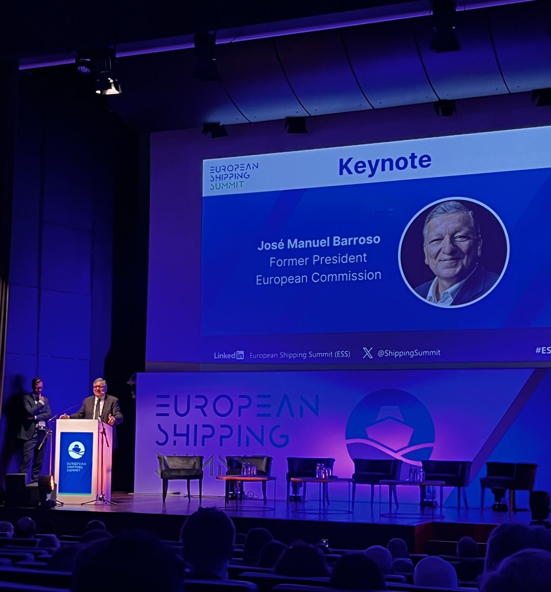 The former President <a href="/EU_Commission/">European Commission</a> <a href="/JMDBarroso/">José Manuel Barroso</a> keynote <a href="/ShippingSummit/">European Shipping Summit</a> the #shipping industry is crucial for #trade We all realise that more clear now. You have been too modest about your importance. #maritime #change #pointofnoreturn #ESS2023