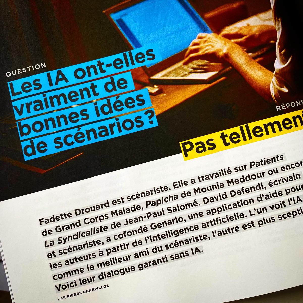 SoFilm 99 est dispo ! Au programme, plein de belles choses dont un dossier d’actualité IA &amp; Cinéma 🤖 
De mon côté, j’ai invité deux pros à échanger sur le sujet: la scénariste Fadette Drouard et le fondateur de Genario, une AI pour scénaristes, David Defendi. Agree to disagree ?