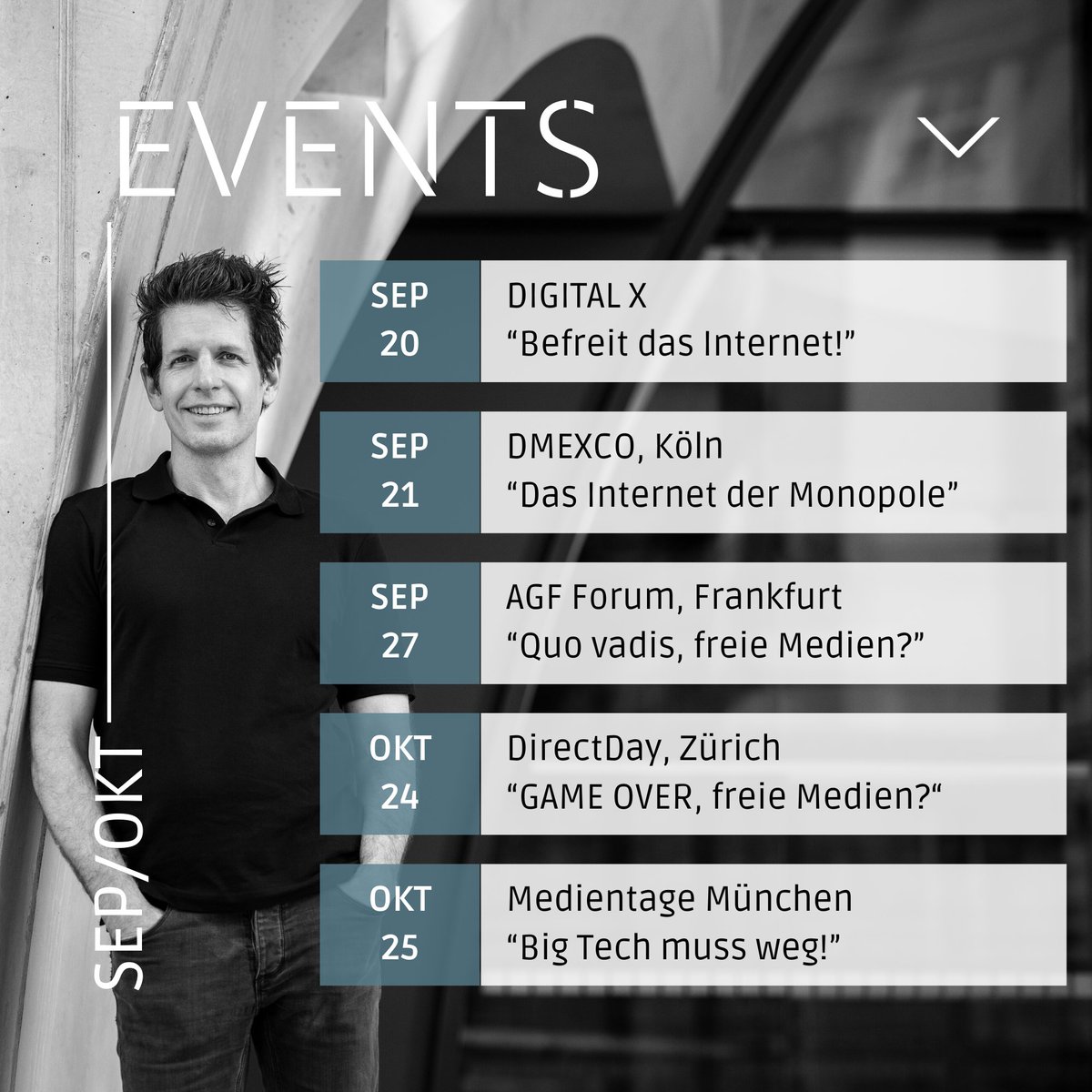 Mehr als 30 EVENTS!! Die BIG TECH MUSS WEG Roadshow startet diese Woche. Hier ein paar Highlights - Ihr findet die meisten auf der Webseite zum Buch, schaut gerne rein >>> bigtechmussweg.de