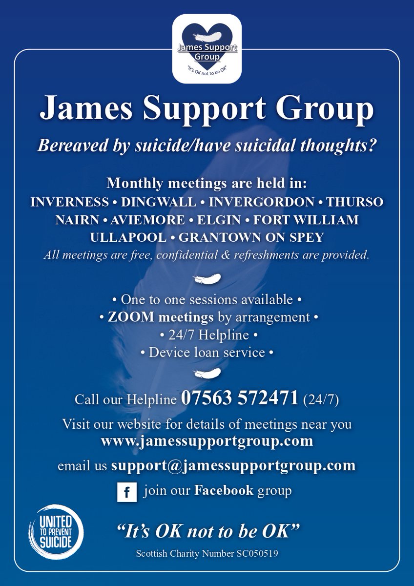 VALochaber's tweet photo. Are you bereaved by suicide or suffer suicidal thoughts?
James Support Group will hold the first Monthly meeting at Voluntary Action Lochaber on Thursday 21st September.
Start time 5.30pm - finish 7.15pm. Tea &amp; coffee provided. https://t.co/eeDFZTAqL6