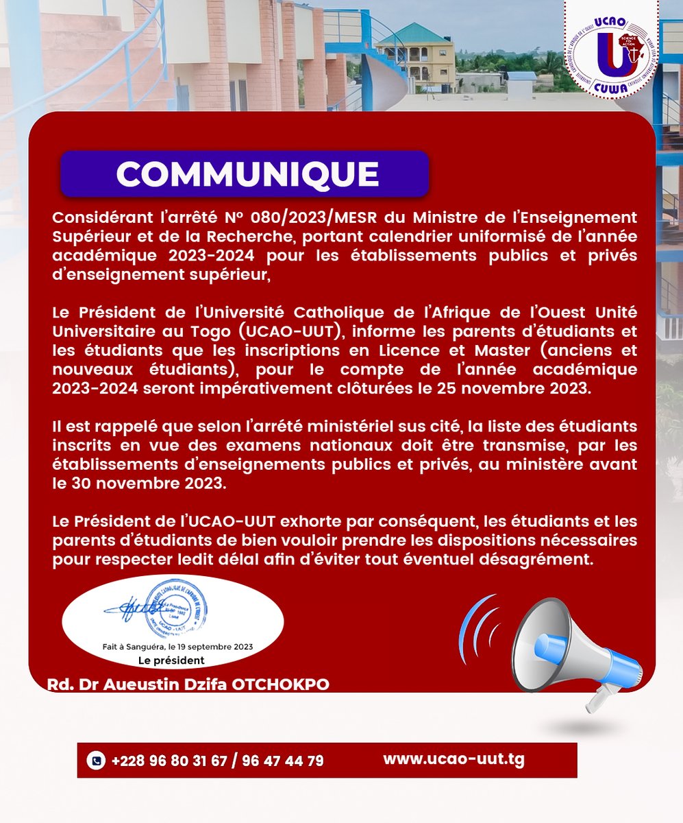 Université Catholique de l'Afrique de l'Ouest Togo (@ucaouut) on Twitter photo 