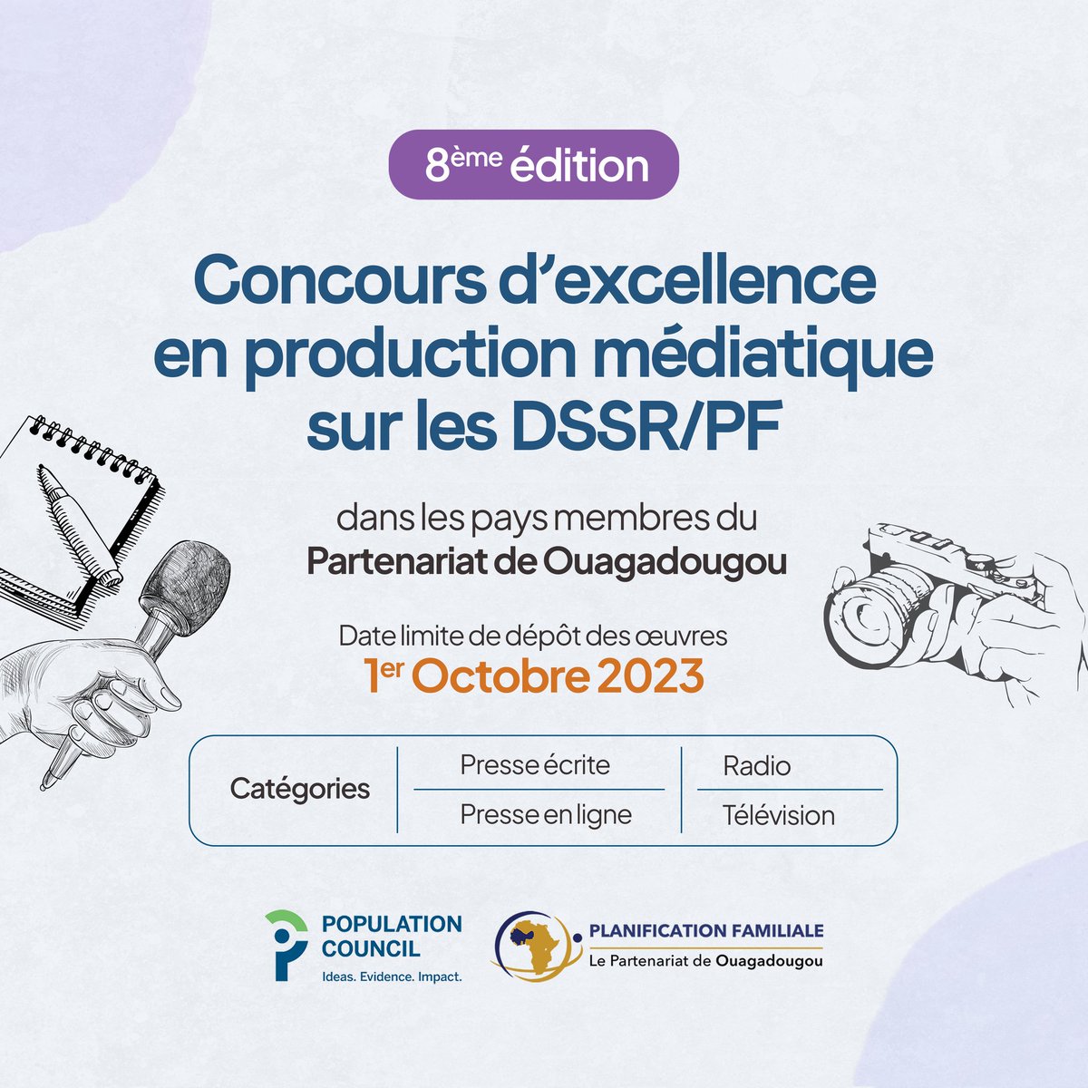 ⏳Il reste environ 10 jours avant la clôture du 8e concours d'excellence en production médiatique sur les DSSR/PF. Vous avez encore la possibilité de vous inscrire et de saisir l'opportunité de participer à la #RAPO2023 qui se tiendra du 11 au 13 décembre 2023 à Abidjan, avec