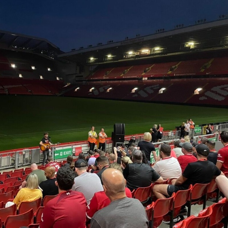 LFC's tweet photo. Earlier this month, #LFC fans swapped their beds for sleeping bags as they took part in @LFCFoundation's first 'Kip on the Kop'. ⤵