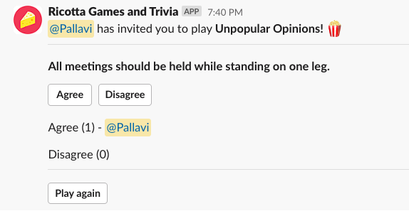 RicottaHQ's tweet photo. 🦥 Feeling that midweek slump? 

Play Unpopular Opinions with your coworkers on Slack! Who knows, you might just discover something new about your colleagues! 🤔💡 

https://t.co/cwIft4nMna

#MidweekMotivation #TeamBonding #UnpopularOpinions https://t.co/jKrcOC5vz3