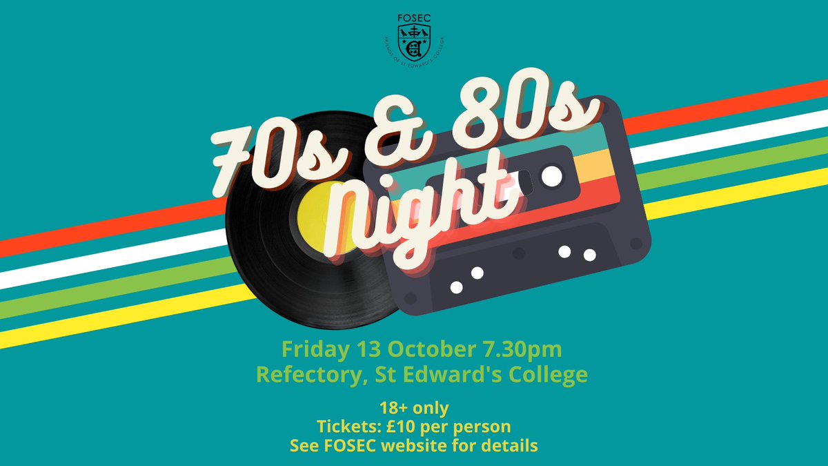 StEdwardsColl's tweet photo. Join us at our first FOSEC event of the academic year on 13 October 2023, 19.30 in the College Refectory.

The event features live 70s and 80s music, a retro themed buffet and a fully stocked bar. 18+ only.

Tickets🎟️https://t.co/pc0B6XwL02 https://t.co/PGKgBGQHaA
