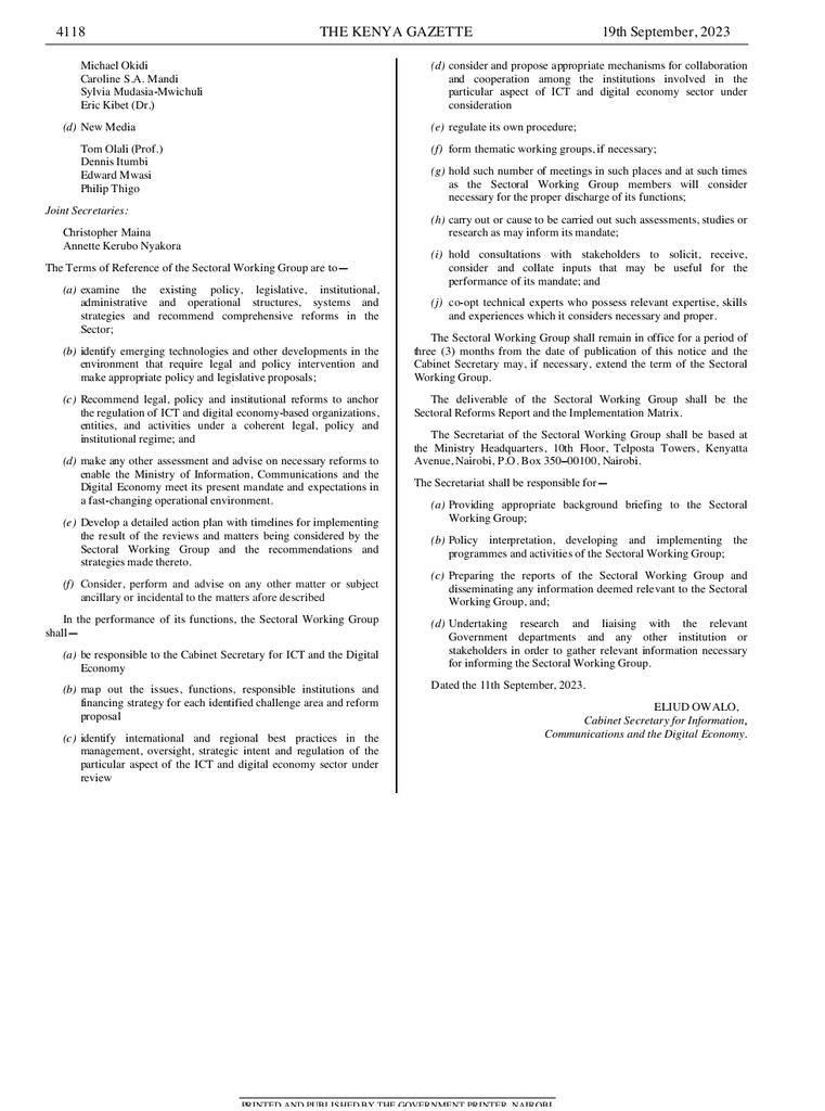 GAZETTE NOTICE No. 12620 
WORKING GROUP ON POLICY AND LEGISLATIVE REFORMS FOR THE INFORMATION, COMMUNICATIONS, AND THE DIGITAL ECONOMY SECTOR