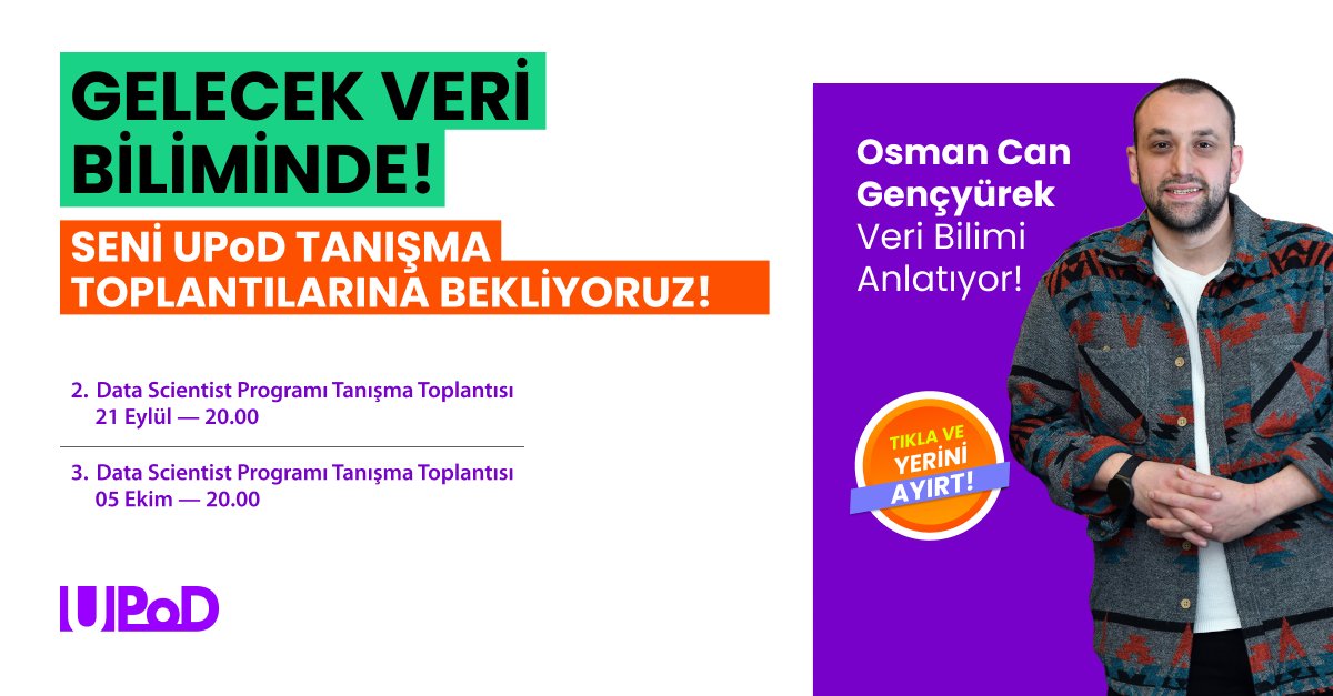 UPoD_Community's tweet photo. 38 haftada veri bilimci olabilirsin! Ücretsiz tanışma toplantımızda UPoD veri bilimi eğitmeni Osman Can Gençyürek ile tanışın, eğitim yolculuğunuzu planlayın! Katılanlara %25 indirim! Kayıt için https://t.co/Mrpbz2BJDX adresini ziyaret edin!
#datascience #dijital #kariyer https://t.co/kGGMK6Fj8Q