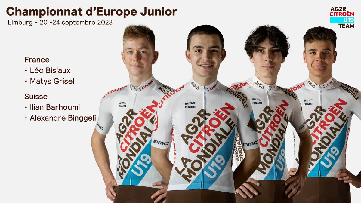 4 de nos juniors seront au départ des différentes épreuves des Championnats d'Europe route :

🇫🇷 <a href="/lbsx1/">Léo Bisiaux</a>
🇫🇷 <a href="/MatysGrisel14/">Matys Grisel</a>
🇨🇭 <a href="/AlexandreBingg/">Alexandre_Binggeli</a>
🇨🇭 @IlianBarhoumi

#Drenthe2023   #Limburg2024 #EuroRoad24