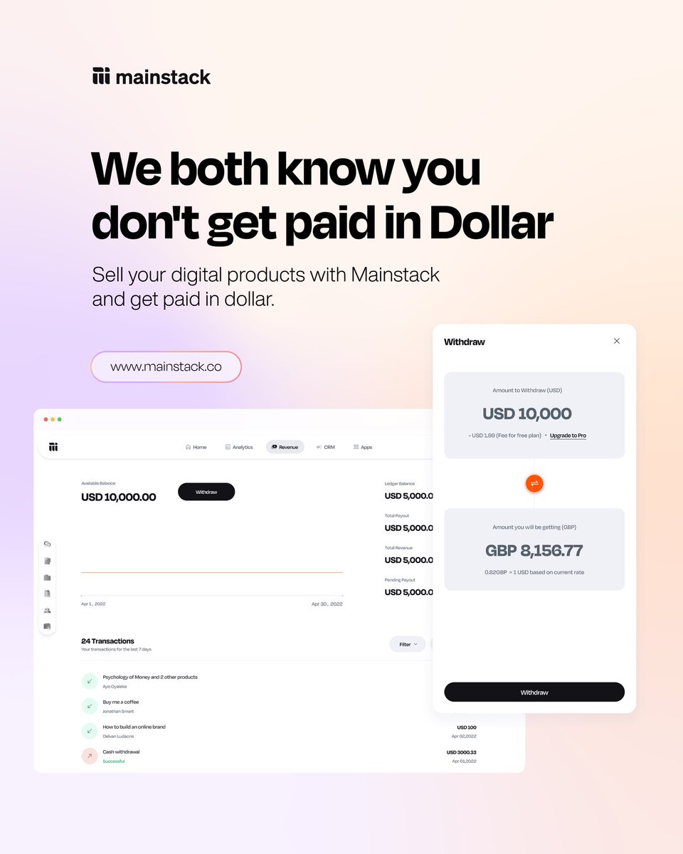 Don't settle for less. Your digital products deserve a global audience and the financial recognition they've earned. Make the switch to Mainstack and start earning in dollars today!

#mainstack #entrepreneur #businessowner