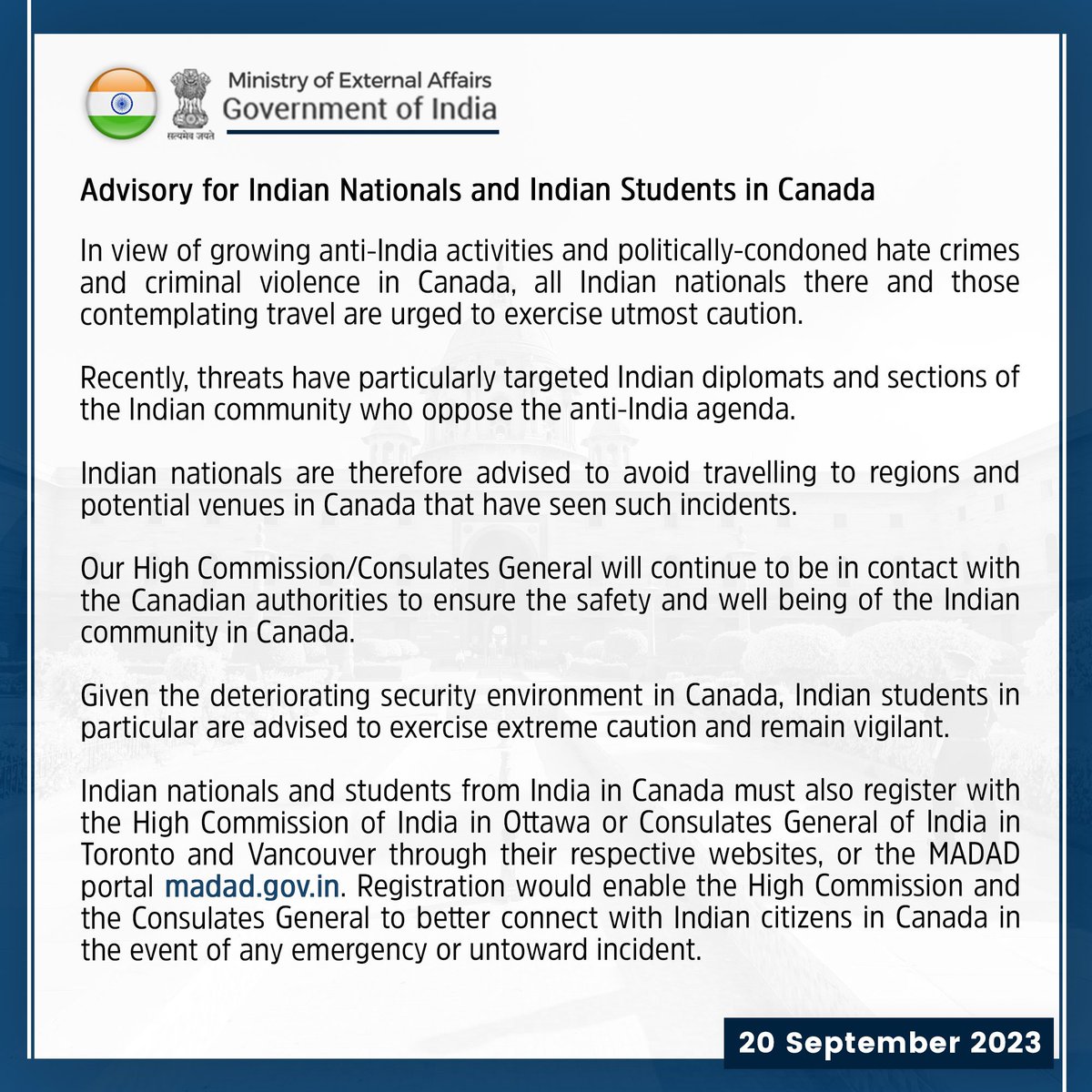 Indian nationals in Canada and those planning to travel there are ‘urged to exercise utmost caution’, says MEA. #Canada #IndiaCanada