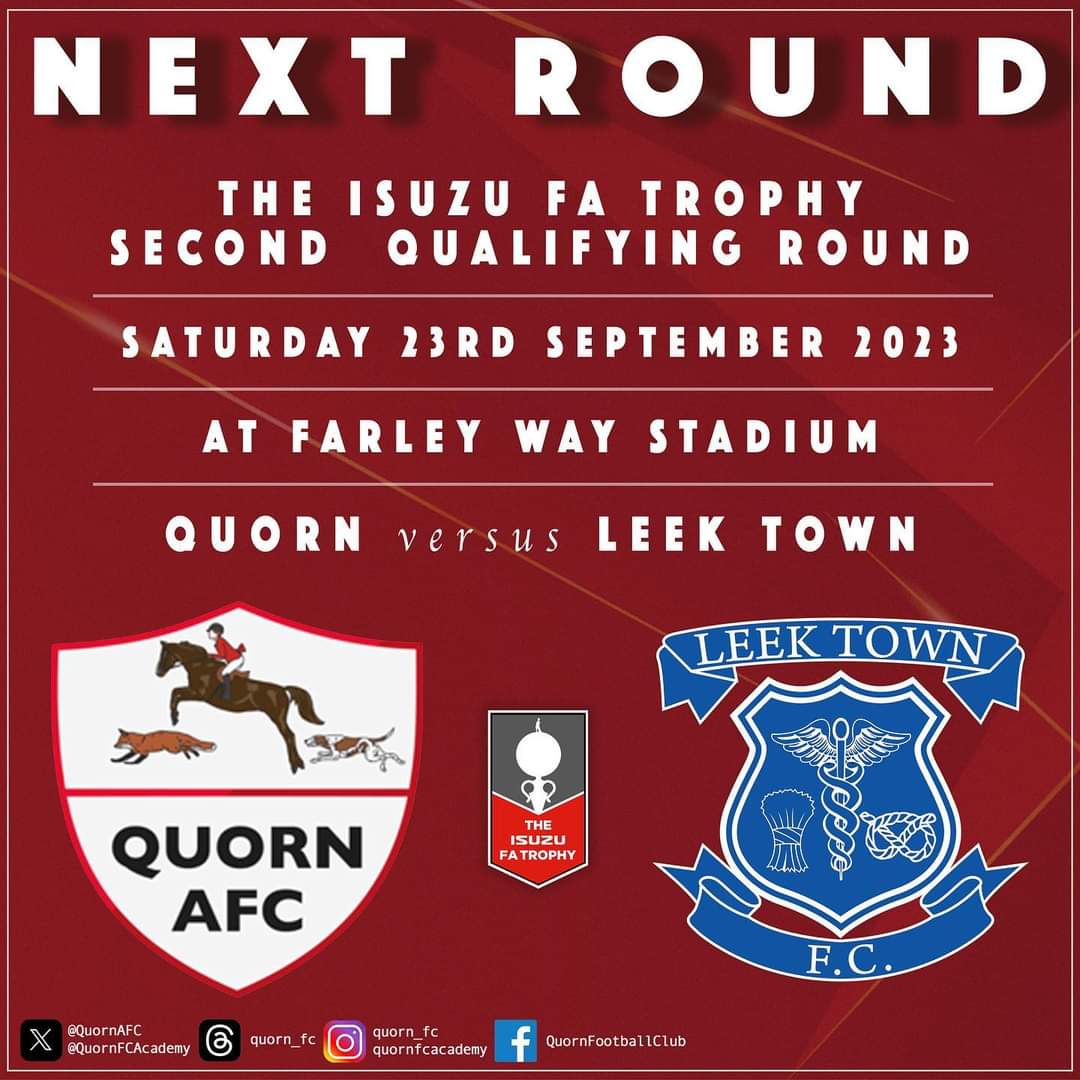 MATCHDAY SPONSORSHIP | We're looking for a matchday sponsor for our FA Trophy tie with Leek Town. It's just £70 +VAT, contact quornfootballclub@gmail.com to discuss the benefits to your business.

#WeAreQuorn