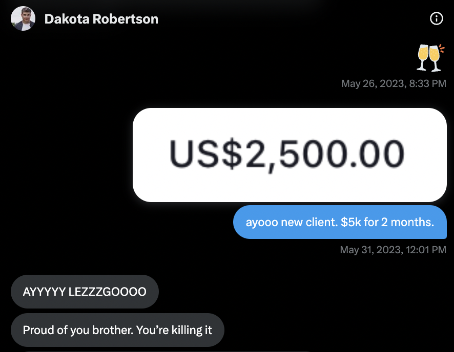 LaddLaddLadd's tweet photo. May 2023 – I landed my first client for $2500.

How?

A simple three-word phrase.

(This phrase will help you land your first client.)

---

My mentor, who had 37+ years of copywriting experience, drilled this into me.

I heard it first in January...

I'm sat at the round table in the Creative Room with my boss and a few colleagues.

We're planning out our next three months.

One of the girls suggests a sale.

My boss says:

“Hollywood smells need.”

Huh?

What does that mean?

I don't know what the hell that means.

But it's not the time to ask.

So after the meeting I google the phrase.

No results.

Hmm...

The next day we're writing an email to our 30,000+ mailing list.

He mentions it again:

“Hollywood smells need.”

So I ask him:

“What does that actually mean?”

And he finally explains:

In the competitive world of Hollywood...

Casting directors can sense desperation for a role from actors.

The ones that need the role usually don't get it.

Their desperation and neediness works against them.

Whereas a confident easy-going actor who doesn't necessarily need the role tends to get it.

You see...

It's the same with sales.

That's why your first client is always the hardest to get.

Because you're desperate for it. You're pushy.

Make sense?

I remember how frustrating it was to get my first client.

But then I realised it was my fault.

I was needy.

Then I changed my mindset.

And I landed my first ghostwriting client for $2,500.

Within two weeks I had three coaching clients too.

I didn't need any more.

But guess what...

Even though I raised my prices every client...

I was converting with ease.

I pushed people away but it made them want to work with me even more.

So here's the truth:

If you want to get your first client...

Imagine you have five clients already.

Think of it like this:

You don't need their money. They need your service.

Because at the end of the day...

You're going to get them results.

It's a simple reframe.

But it's crazy effective.​

“Hollywood smells need.”

---

Follow me @LaddLaddlLadd for more content like this.

You can join 1800+ creators getting my exclusive thoughts 3-4 times a week in my bio.

👊

---