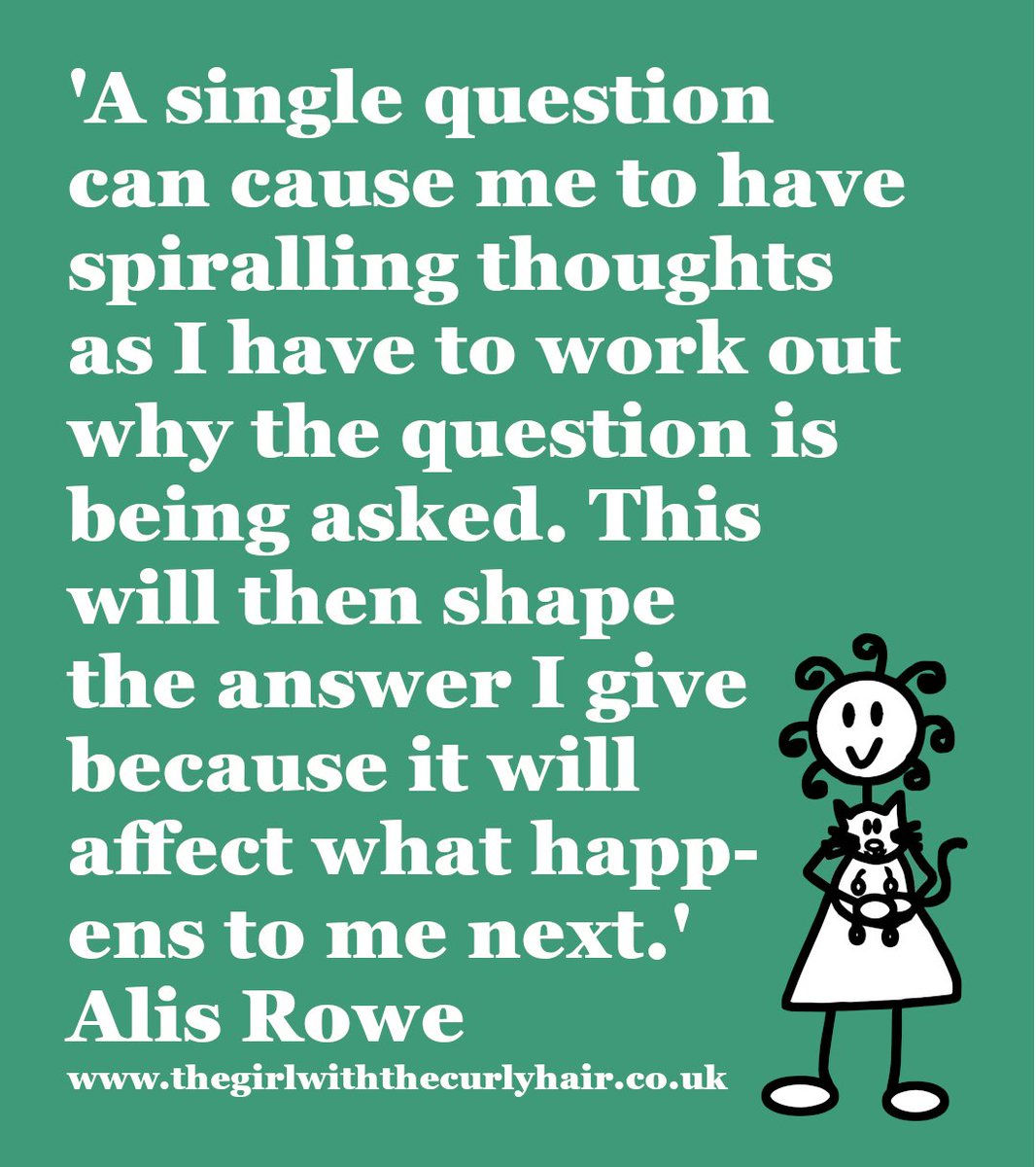 Read or listen to this blog post and see the insightful flowchart that shows some of The Girl With The Curly Hair's spiralling thoughts when people ask her a question >> thegirlwiththecurlyhair.co.uk/2023/08/06/wha…
#Thoughts #ThoughtProcesses #Spiralling #Spiral #Answers #Reasons #ReasonsWhy