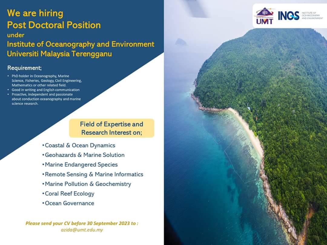Hedenec's tweet image. Institute of Oceanography and Environment, Universiti Malaysia Terengganu is looking for a potential candidate to appoint as Post Doctoral. 

Those who interested, please email us your cv. 
Thank you..

#envisionmarinefuture
#inos