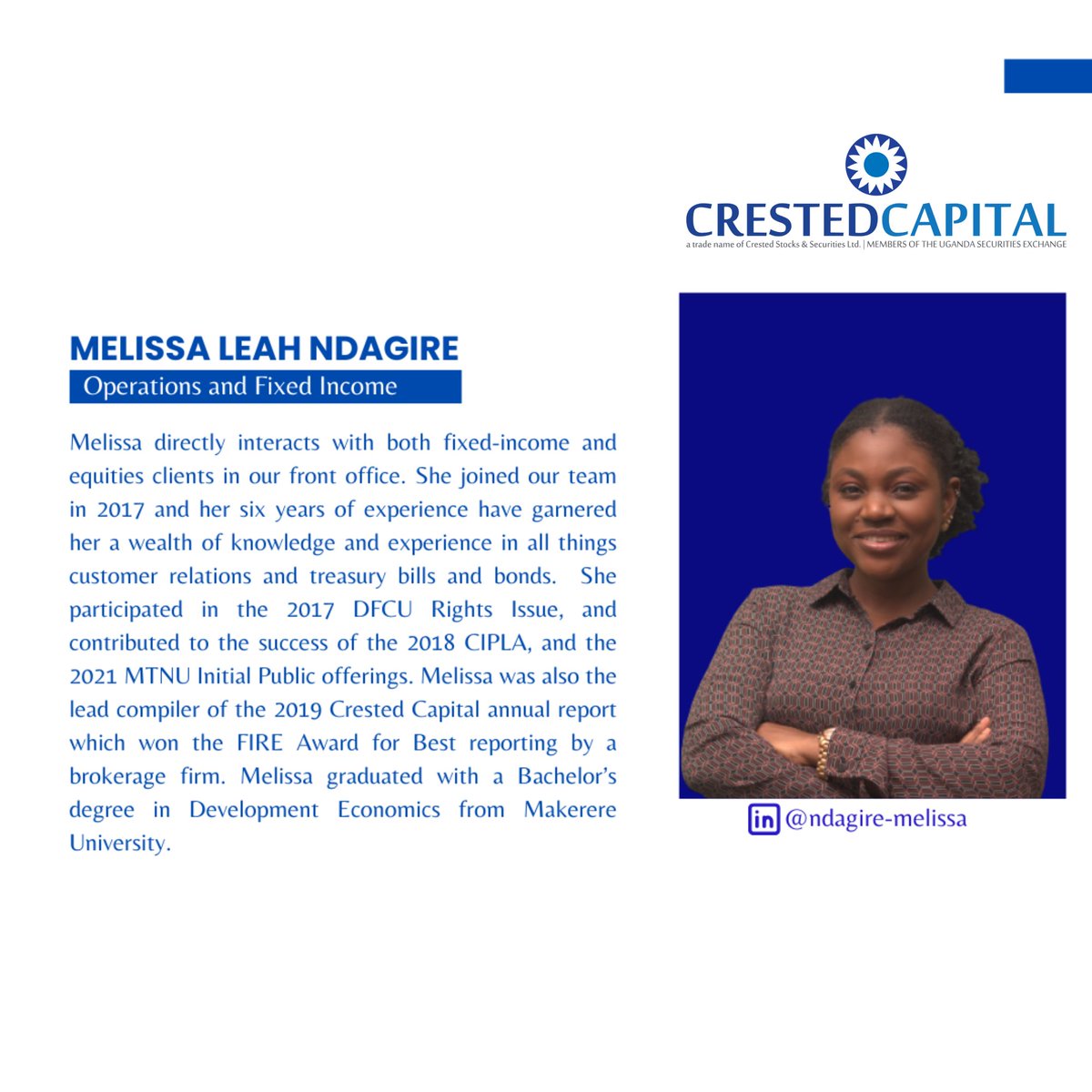 CrestedCapital's tweet photo. Meet the Power Duo on our team running this @Airtel_Ug IPO. @MelissaNdagire - Operations and Fixed Income. @echobu - Head Trading. Discover their profiles below 👇

#CrestedTeam #InvestInUganda https://t.co/oayaSGrSQ8