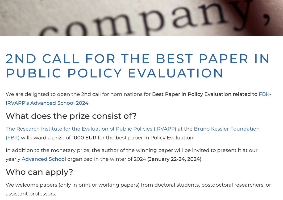 Please, RT: @FbkIrvapp Best Paper in Public Policy Evaluation LINK irvapp.fbk.eu/2nd-call-for-t… #BestPaper #Economics #EconTwitter