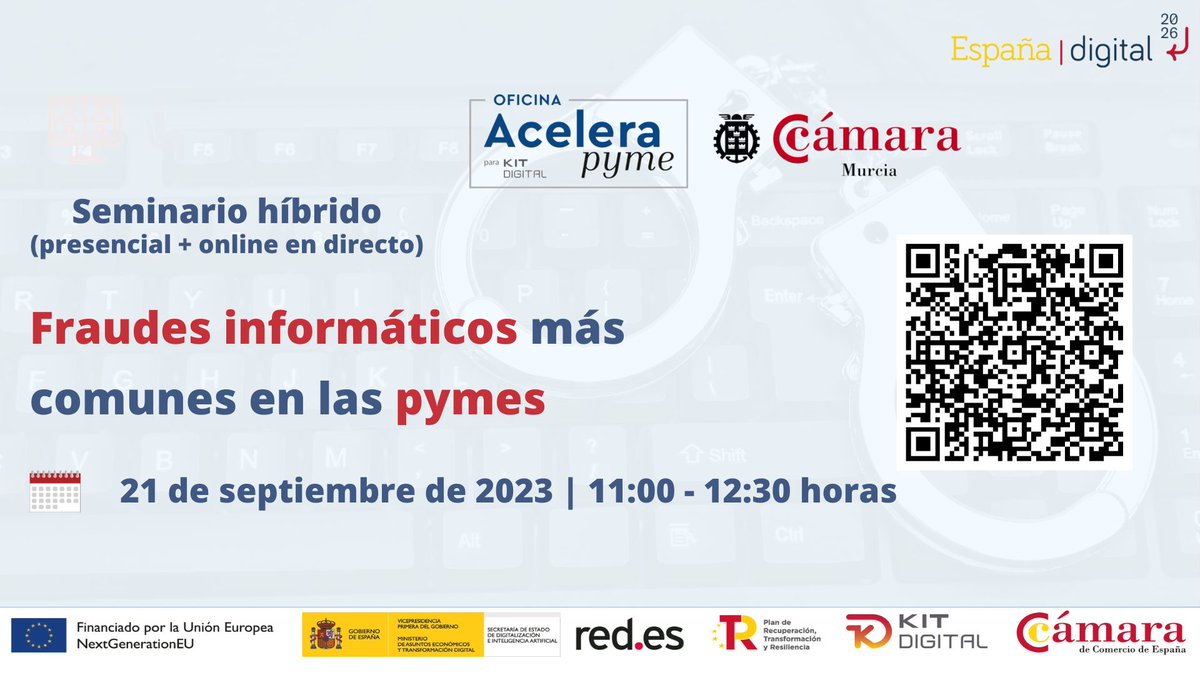 CaballeroALC's tweet photo. Mañana, en la @camaramurcia, la @policia de #Murcia nos explicará los principales #fraudes #informáticos en #pymes y cómo evitarlos
Puedes asistir #online en #directo o #presencial

📝https://t.co/Bn021mmkH0 
@_minecogob @SEDIAgob #PlanDeRecuperación @redpuntoes #NextGenerationEU https://t.co/v4EdqjJXiS