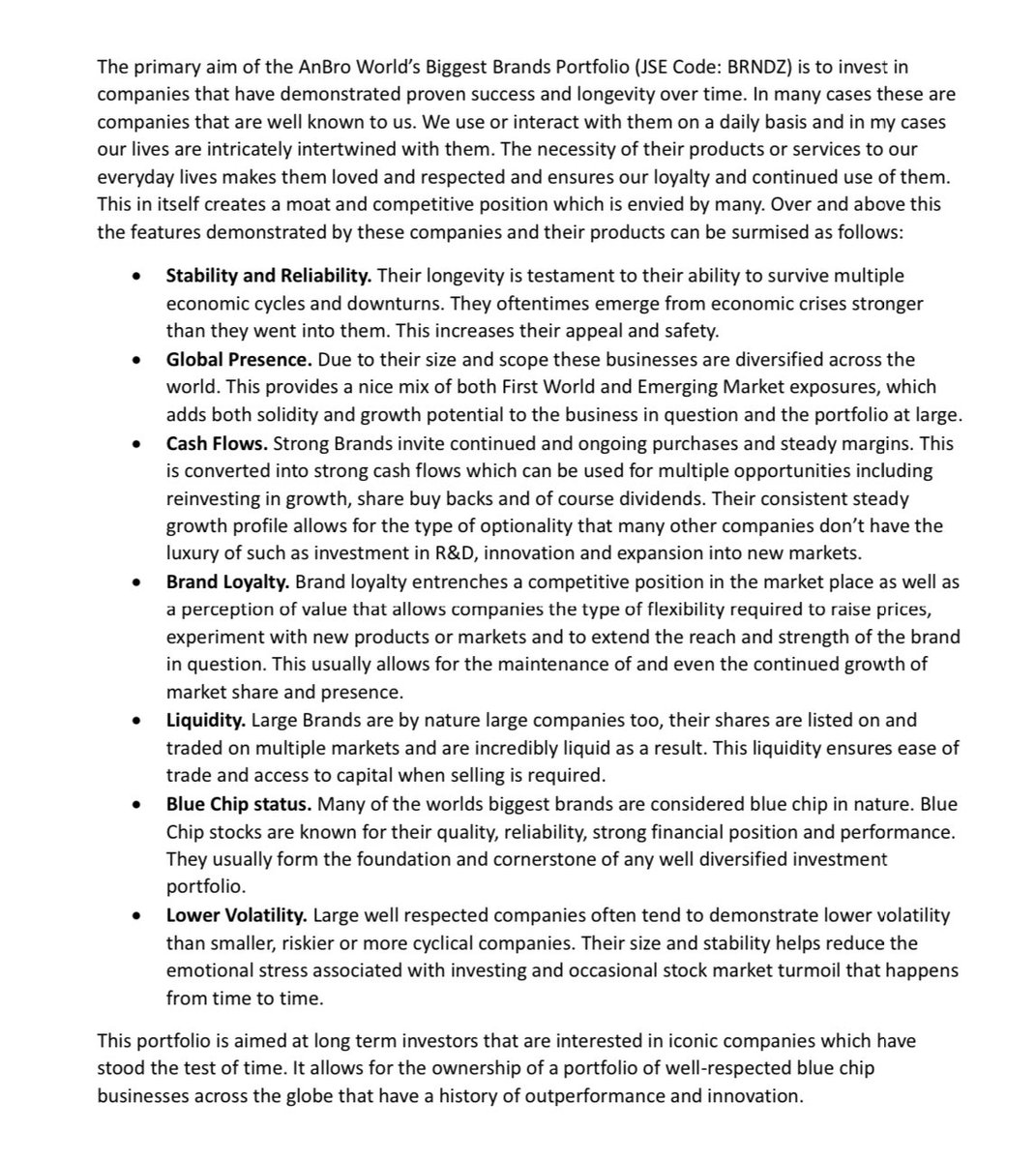 Excited to announce that the ‘AnBro Worlds Biggest Brands’ portfolio BRNDZ has listed on the #JSE today. This portfolio is truly special as it literally touches everyone’s lives #investinwhatuknow. Looking around you right now you’d likely see that you’re either using or own