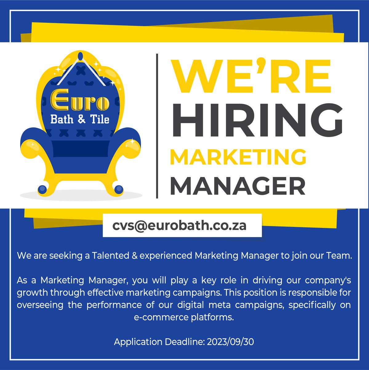 We are seeking a talented and experienced Marketing Manager to join our Team. As a Marketing
Manager, you will play a key role in driving our company's growth through effective marketing campaigns. This position is responsible for overseeing the performance of our digital meta
