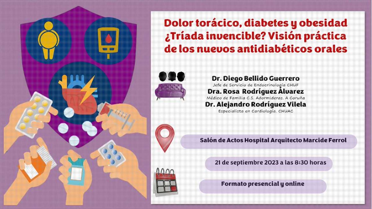 CardioAPFerrol's tweet photo. Mañana día 21/Sept a las 8:30h tenemos en Ferrol una nueva charla. Esta vez serán @DiegoBellido2 @rorodalv_rosa y Alejandro Rgez Vilela los que van a hablar de dolor torácico, diabetes y obesidad. 
Acude de forma presencial o síguelo en directo aquí ⬇️
https://t.co/fS5VXuUQyA https://t.co/Bn5Nmp5UtI