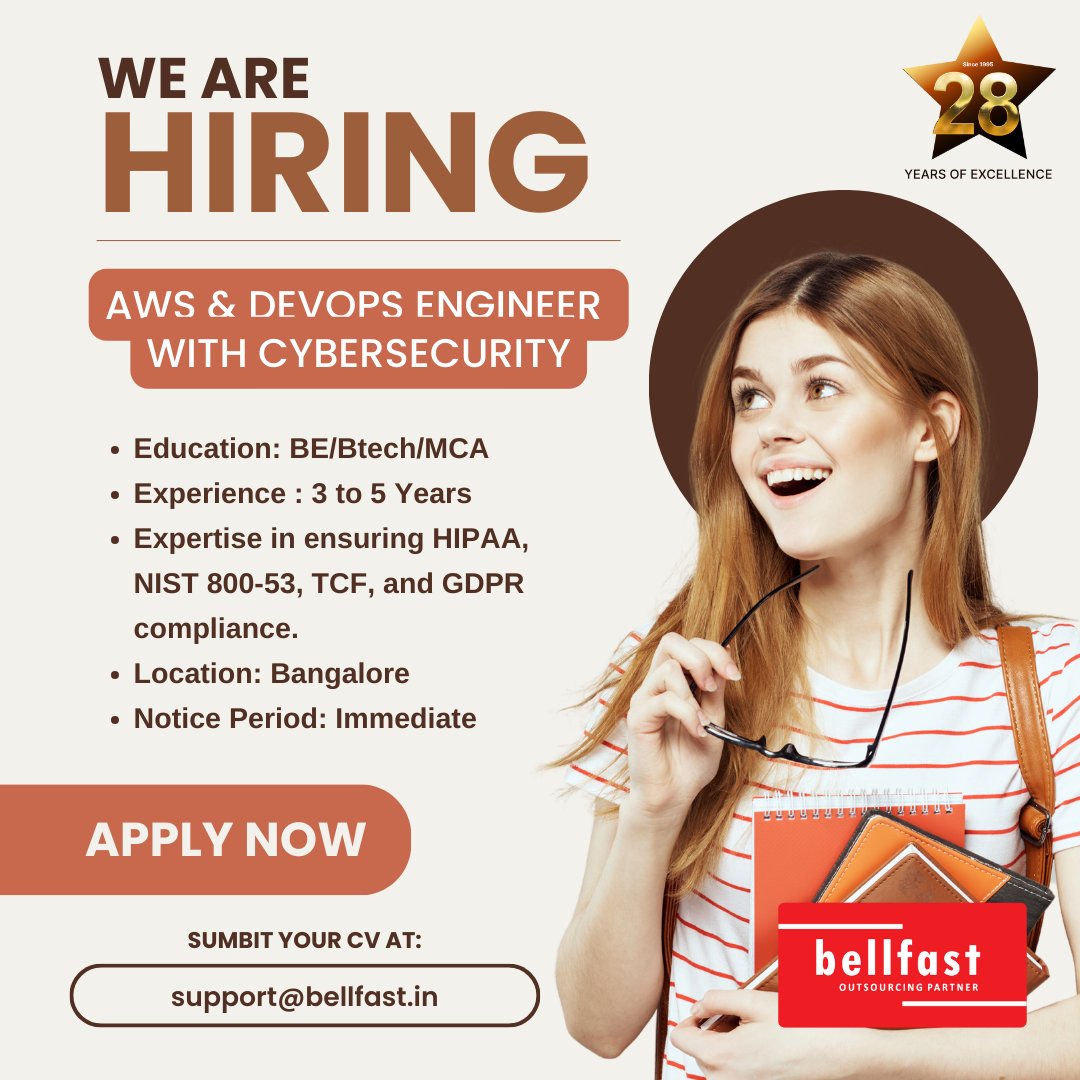 bellfast_india's tweet photo. 🌐 #Hiring an AWS DevOps Engineer with a knack for CyberSecurity!
Join us in the cloud! ☁️

#bellfasthiring #bellfast #techcareers #TechJobs #AWS #awsdevops #job #awsdevopsengineer #devopsengineers #careers #itjobs #bangalore #techindustry #jobopening #cybersecurityjobs https://t.co/DzYM5zZ3tA