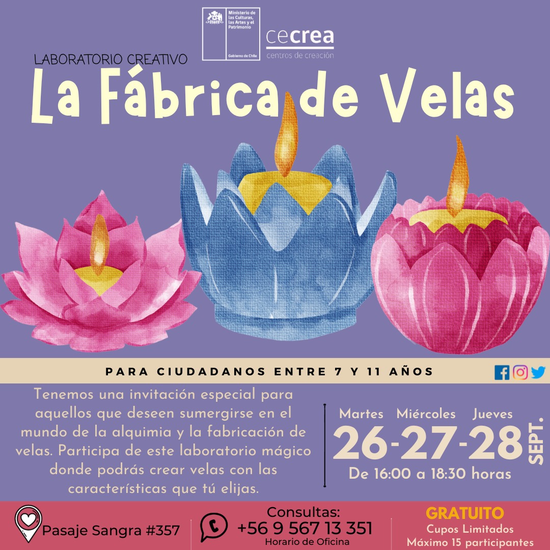 Queremos invitarlos a inscribirse en un nuevo laboratorio donde podrán crear sus propias velas!!🪔Link de inscripción: forms.gle/c6fErEcWiD7YbB…
📣Los cupos son limitados, así que no te demores!Te esperamos!!
<a href="/Cultura_Arica/">SEREMI_Culturas_Arica</a> <a href="/Kateryn_Garzon/">Kateryn Garzón</a> <a href="/Cecrea_cultura/">Cecrea</a>
